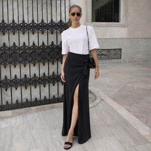 Zara Black Maxi Skirt Front Slit Ruffle Column Minimalist Size M